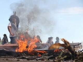 Indígenas usaram galhos de árvores e atearam fogo em pneus em trecho bloqueado (Foto: Marcos Ermínio)