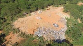 Em imagem aérea é possível ver lixo despejado em área próximo a florestal. (Foto: Breno Teixeira)