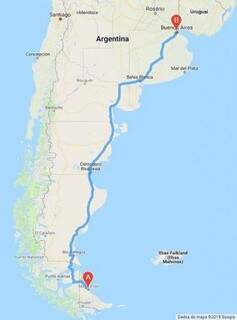 Trajeto de Ushuaia a Buenos Aires, pela Panamericana. (Foto: Reprodução)