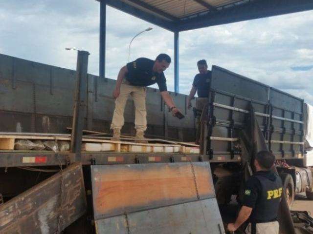 PRF encontra 1,5 tonelada de maconha e skunk em fundo falso de carreta