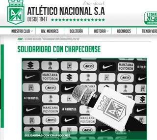 Nota de solidariedade na capa do site oficial do time colombiano (Foto: Site oficial)