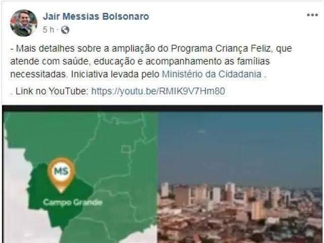 Nas redes sociais, Bolsonaro d&aacute; destaque para programa desenvolvido na Capital
