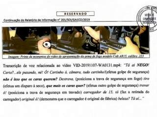 Trecho de relatório do Gaeco mostra diálogo e imagens de demostração do armamento extraídas de um dos celulares encontrados em cela. (Foto: Reprodução processo)