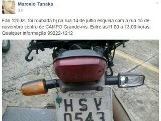 Marcelo apelou para as redes sociais em busca de informações sobre sua moto (Foto: Reprodução/Facebook)