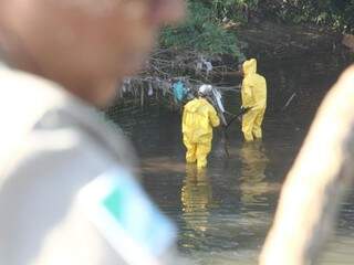 Bombeiros trabalhando para encontrar o corpo do  menino no rio Anhanduí (Foto: Marcos Ermínio)