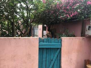 Na lateral da casa os visitantes entram por um portãozinho azul que contrasta com as flores. (Foto: Thailla Torres)