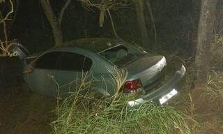 Carro parou no meio do mato após sair da rovovia. (Foto: Divulgação/ Bombeiros)