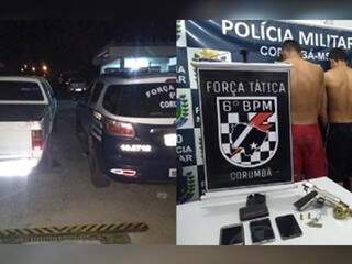 À esquerda, camionete branca levada pelos suspeitos e dois dos criminosos sendo apresentados na delegacia. (Foto: Diário Corumbaense) 