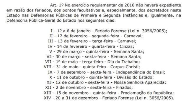 Calend&aacute;rio da Defensoria tem 15 dias de folga com feriado e ponto facultativo