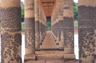 Em baixo da ponte é possível ver as marcas que a água deixou nas pilastras. (Foto: Alcides Neto)