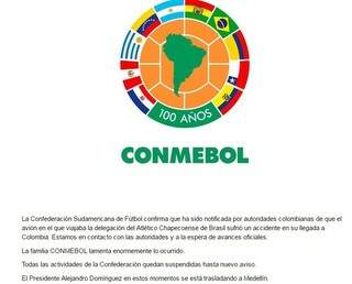 Nota da Conmebol suspendendo todas as atividades da entidade (Foto: Site oficial)