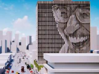 Projeto da prefeitura prevê figura de Manoel de Barros na fachada em concreto aparente do Hotel Campo Grande. (Foto: Reprodução maquete eletrônica)