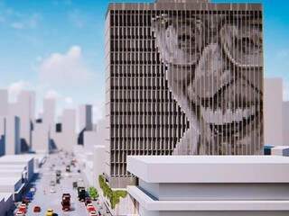 Projeto da prefeitura prevê figura de Manoel de Barros na fachada em concreto aparente do edifício (Foto: Reprodução maquete eletrônica)