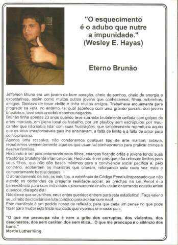 Fam&iacute;lia de Brun&atilde;o faz manifesto contra a viol&ecirc;ncia amanh&atilde;