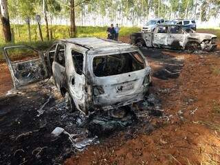 Caminhonete e Blazer foram encontradas queimadas em uma estrada de terra em Paranhos (Foto: Direto das Ruas)