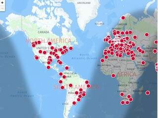 No mapa, pontos vermelhos apontam cidades onde a corrida está marcada. (Foto: Reprodução/Site).