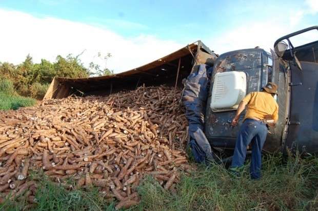 Caminh&atilde;o carregado com 20 toneladas de mandioca tomba na MS-276