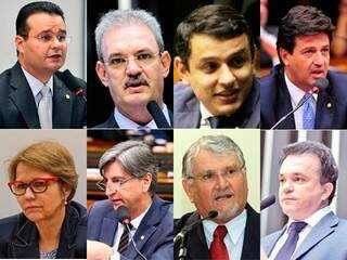 Bancada tem 8 deputados federais. Na primeira fila, Trad, Resende, Elizeu e Mandetta. Na segunda, Tereza, Dagoberto, Zeca e Vander. 