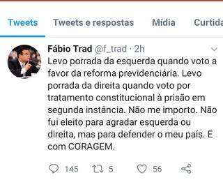 No Twitter, Fabio Trad respondeu a provocações de parlamentares e internautas sobre seu voto. (Foto: Reprodução internet)