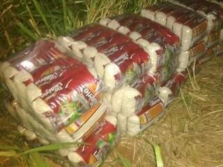 Parte dos fardos de arroz levados pelos bandidos foram encontrados em matagal próximo a indústria (Foto: Divulgação)