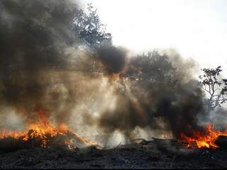 Fogo em terreno cheio de lixo causa fumaça que pode ser vista a quilómetros de distância. (Foto: Marcelo Victor)