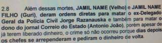Trecho do inquérito onde Marcelo Rios cita mortes encomendadas (Foto: Reprodução)