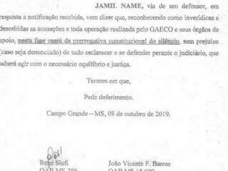 Documento protocolado pela defesa de Jamil Name à ação. (Foto: Reprodução do processo)