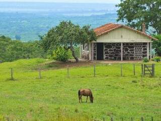 No alto de morro, fam&iacute;lia mora em casa de pedra e com cachoeira no quintal