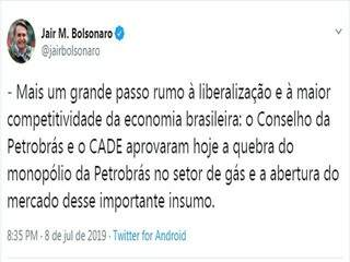 O presidente Jair Bolsonaro comemorou o acordo em suas redes sociais. (Foto: Reprodução)