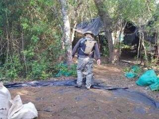Agente da Senad em acampamento de traficantes, perto do território sul-mato-grossense (Foto: Divulgação)