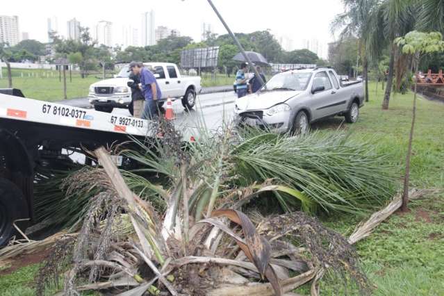 Condutor dorme ao volante sobe em canteiro e quase cai em córrego