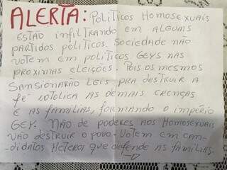 Carta fala da &quot;infiltração&quot; de políticos homossexuais na sociedade. (Foto: Direto das Ruas) 
