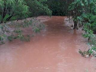 Córrego cheio após chuva desta tarde (Foto: Geisy Garnes)