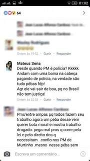 Após o compartilhamento da notícia o rapaz ainda segue ofendendo os policiais nos comentários. (Foto: Reprodução Facebook)  