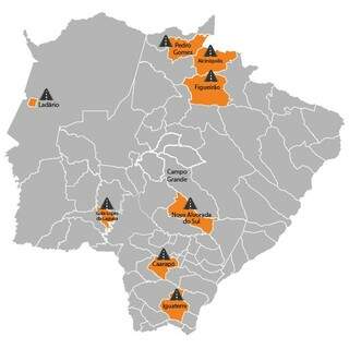 Mapa de MS com as cidades objetos dos contratos em destaque laranja. (Arte: Thiago Mendes e Cristiano Lemos).