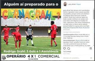 Após o jogo, Gral agradeceu a vitória no Instagram (Foto: Reprodução)