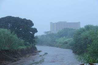 Volume do Rio Anhanduí subiu devido à chuva que caiu às 13 horas. (Foto: Alan Nantes)