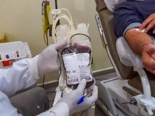 Agora, o sangue dele que é O Positivo, passará por exames e ficará armazenado no banco do Hemosul (Foto: Alana Portela)