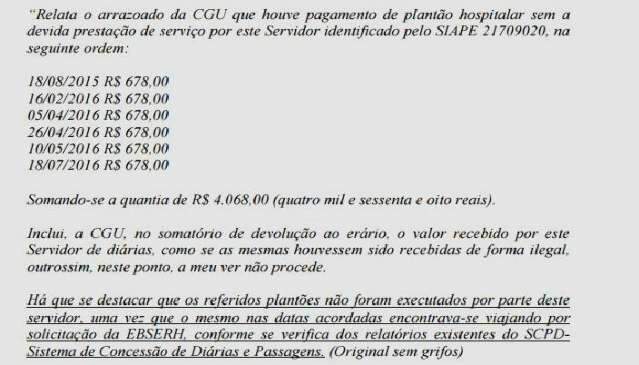 Chefe do HU recebia por plant&otilde;es mesmo quando viajava, revela CGU