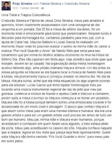 Filho de ex-vereador morto diz que Mayara tocaria em missa de 7&ordm; dia