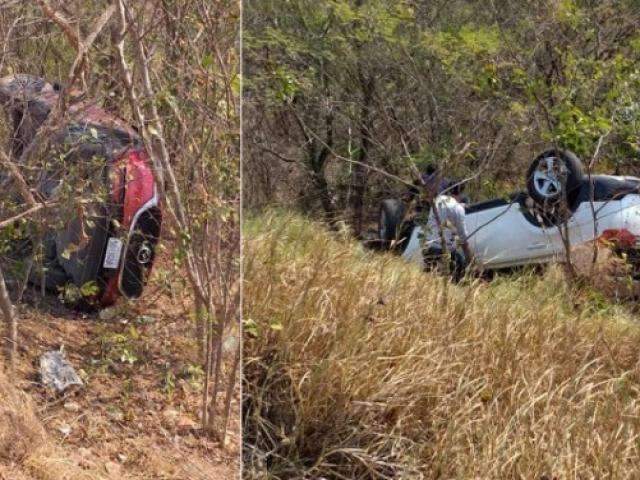 Condutor invade pista e carros capotam em ribanceira de rodovia 