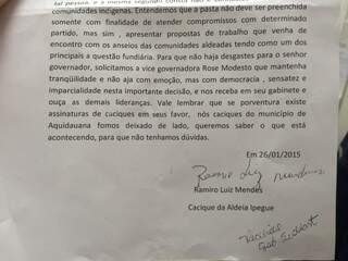 Texto de carta assinada por cacique diz que liderança não conhece nomeada para pasta.