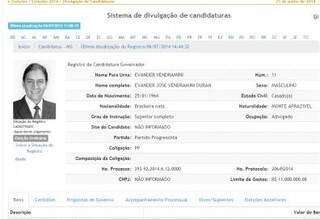 No sistema do TSE, foto de Bernal aparece junto às informações sobre o candidato ao Governo do PP. (Reprodução)