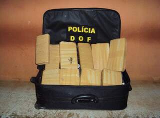 Tabletes de maconha estavam dentro de mala. (Foto: Divulgação/ DOF)