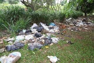 Amontoado de lixo é encontrado às margens do córrego Anhanduí, na Ernesto Geisel. (Foto: Fernando Antunes)