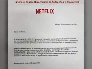 Carta enviada pela Netflix à Sanesul. (Arte: Thiago Mendes)