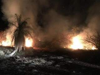 Incêndio de grande proporção durante a noite de ontem na Estrada Parque. (Foto: Diário Corumbaense)