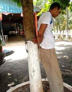 Vítima encontrou ladrão na rua, amarrou o homem em uma árvore e chamou a PM (Foto: Tá Na Mídia Naviraí)