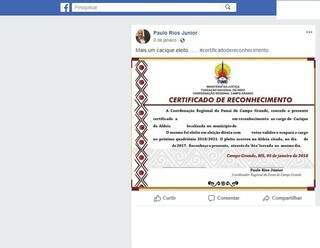 Coordenador regional da Funai divulgou cópia de certificado expedido para cacique em perfil no Facebook; medida foi considerada desnecessária pelo comando do órgão. (Imagem: Reprodução)