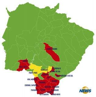 Em vermelho, cidades prejudicadas pelas chuvas que decretaram situação de emergência. 